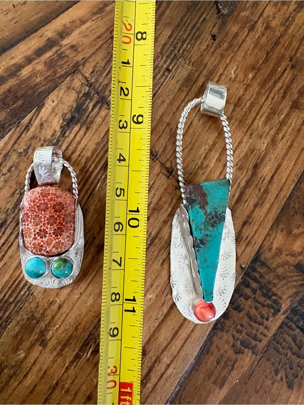 Artist made Sterling Silver Turquoise & fossilized Coral Pendants